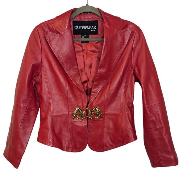 VTG OUTERWEAR by Lisa Women Size Medium Red Leather Jacket Gold Dueling Leopards - Picture 1 of 9